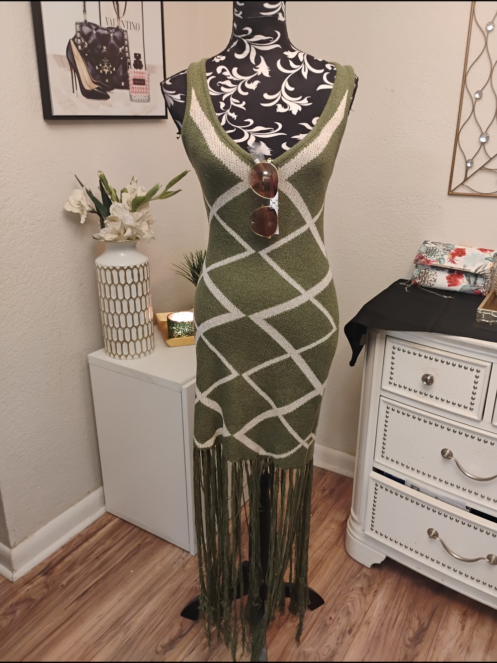 Green & Cream Fringe Knit Sleeveless Dress